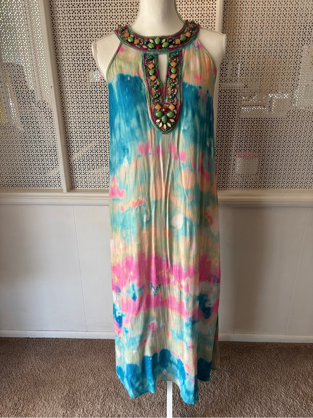 Women’s Soft Surroundings Watercolor Artsy Jeweled Boho Maxi Dress